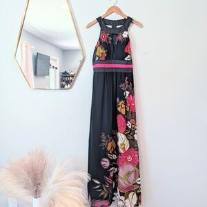 Sue Wong Black and Pink Floral Maxi Dress Size 10